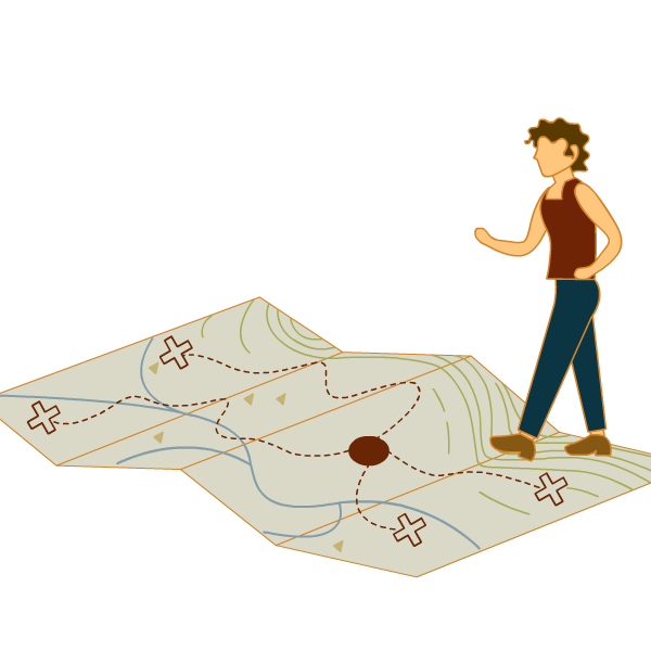 a person walking on an oversized map that has multiple destinations marked